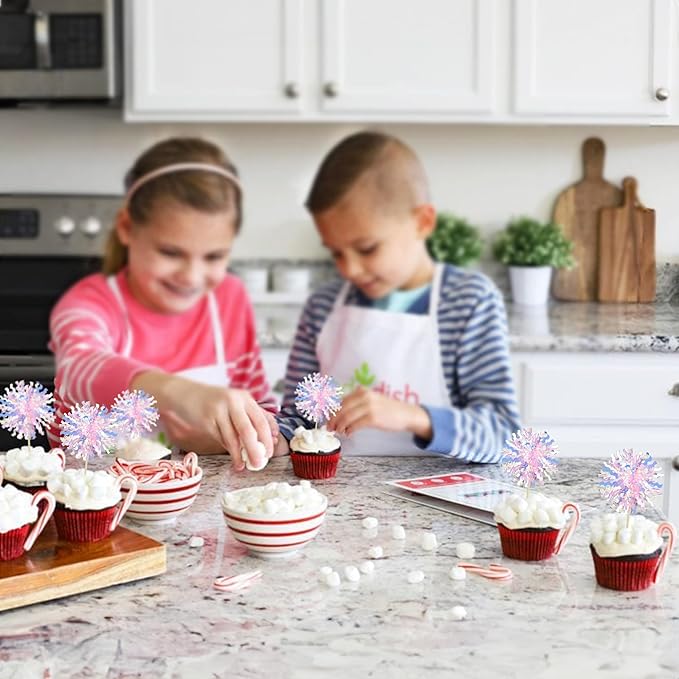 Ephlyn 30Pcs Foil Firework Cupcake Toppers Firework Cake Toppers Tinsel Flower Drink Stirrers Cocktail Food Fruit Toothpicks for Valentine's Day Party Decorations Pink