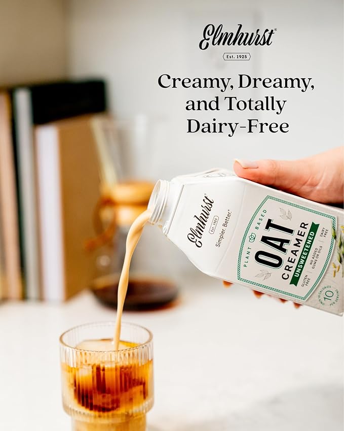 Elmhurst 1925 Unsweetened Oat Creamer - 16 Ounce (Pack of 6) Dairy-Free, Vegan, Kosher, No Sugar, Shelf Stable Creamer Made with Whole Grain Oats for Healthier, Simpler Plant Based Alternatives