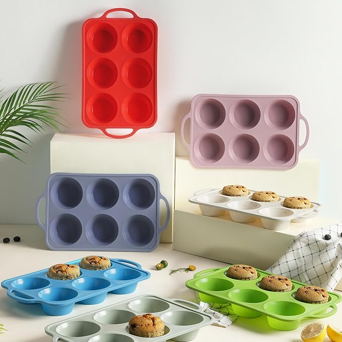 2 Packs 6 Cups Silicone Muffin Pan for Baking with Metal Reinforced Frame Jumbo Size Cupcake Pan Tray Egg Bites Silicone Circle Cookie Molds Muffin Tin Tart Pans Large Big Sheet Set for Breakfast