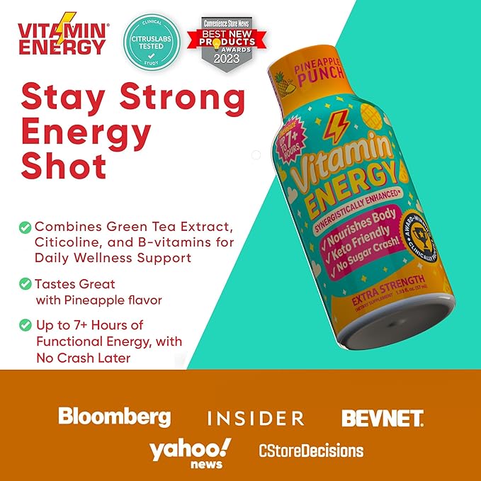 Vitamin Energy Immune+ Extra Strength Energy Shot Pineapple Punch 48 Pack, 260mg Natural Caffeine, B-Vitamins, Citicoline, Green Tea, Immunity & Focus Support, Zero Sugar, Gluten-Free 1.93 fl oz