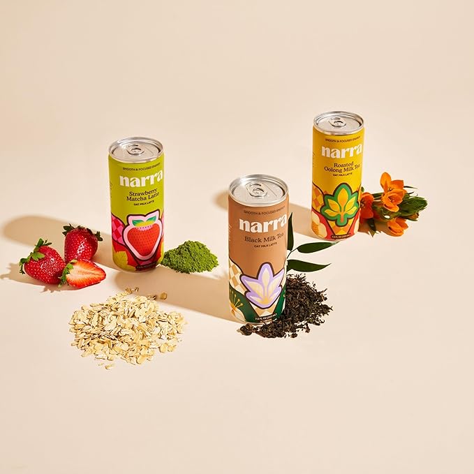 Narra, Oat Milk Tea Latte Variety Pack - Black Tea, Roasted Oolong, Strawberry Matcha, Natural Caffeine & L-Theanine, Organic Oat Milk, MCT Oil, Dairy Free, Non-GMO, 7.5 Fl Oz (12 Pack)