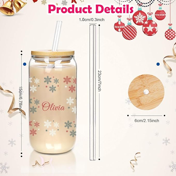 Mason Life Personalised Christmas Cup, 18oz Clear Glass Cups with Lids and Straws，Cute Cups for Women，Snowflake Design, Drinking Cup with Bamboo Lids, Christmas Gifts for Men, Women and Friends