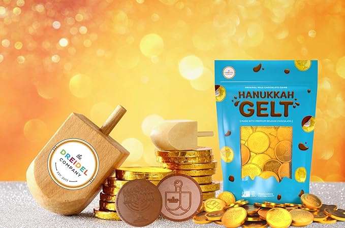 The Dreidel Company 200-Pack Chocolate Candy Milk Chocolate Coins, Hanukkah Gelt, Gold Coins, With Menorah and Dreidel Designs Made with Belgian Chocolate, Gluten Free, Non GMO, Nut-Free, Kosher Certified
