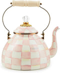 MACKENZIE-CHILDS Enamel Tea Kettle, Stylish Tea Kettle for Stovetop, Pink-and-White Rosy Check, 3 Quarts