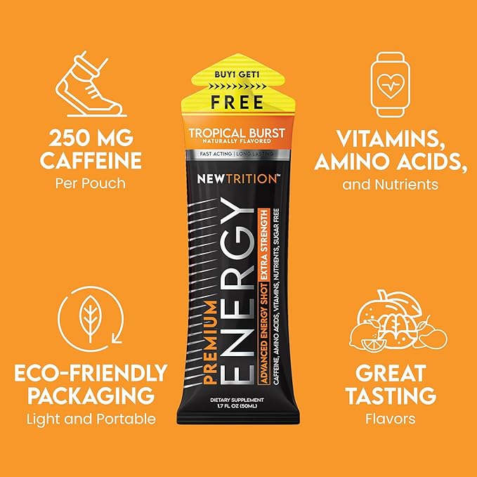 NewTrition® Extra Strength Energy Shots, 250mg Caffeine Energy Shots with Vitamin B & Amino Acids, Sugar-Free Vitamin Energy Shot, 1.7 fl oz (Pack of 12, Tropical Burst)