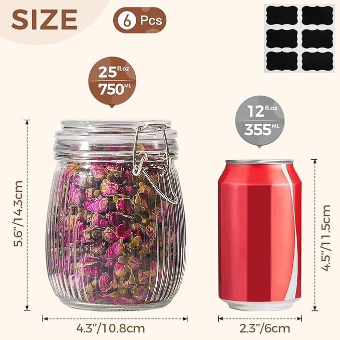 ComSaf Airtight Glass jar with lid 26oz Set of 6, Glass Storage Containers with Lids, Glass Canister, Mason Jars, Striped Clip Fastening Jar for Kitchen Canning, Oat, Coffee, Pasta, Snack, Nut, Candy