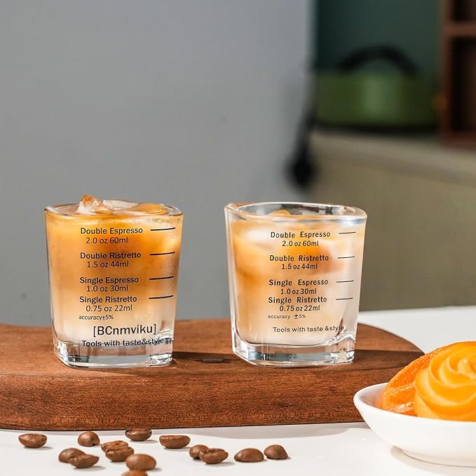 BCnmviku Espresso Shot Glasses Measuring Cup Liquid Heavy Glass for Baristas 2oz for Single Shot of Ristrettos (2 pack)
