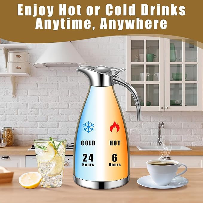 Uiifan 2 Pcs 68 oz Thermal Coffee Carafe Insulated Stainless Steel Coffee Carafe for Hot Liquids Vacuum Thermal Pot Creamer Dispenser with Brushes Keeping Hot Tea Milk Water(Champaign Gold)