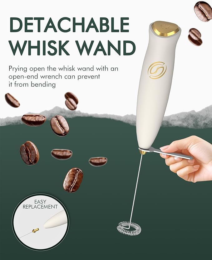 Milk Frother With Stand Handheld Frother Wand Drink Mixer Handheld Coffee Stirrers Electric Frother for Coffee Mixer Wand with 2 Whisk frother for protein powder-White/Gold