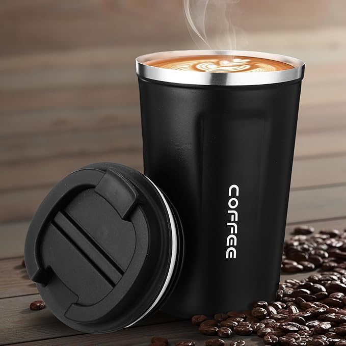 6 Pack Travel Coffee Mugs 12oz Double Wall Insulated Coffee Cups Bulk with Lid Vacuum Stainless Steel Leak Proof Reusable Portable Tumblers for Cold and Hot Drinks(Black)