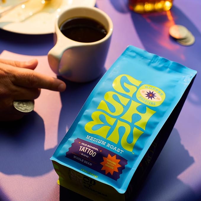 Goshen Coffee Roasters Whole Bean Old School Tattoo House Blend | Medium Roast, Brewed or Espresso | Award-Winning, Natural and Washed | Caramel, Nutty, Orange Flavors | 12 Oz Bag