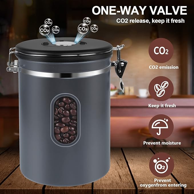 ROCKY&CHAO 2800ML Coffee Canister with Date Tracker&Transparent Window, 35OZ Coffee Container with 30ML Measure Spoon&4 co2 Valve, Coffee Bean Storage Container for Grounds Coffee, Beans, Tea(Gray)