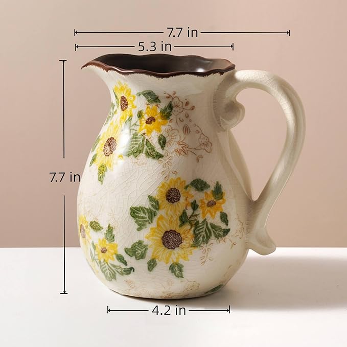 Vintage Vase with Handle, 7.6 Inch Ceramic Pitcher Sunflower Floral Vase, Rustic Farmhouse Vases for Grandma Core Home Decor, Bookshelf Office Tuscan Decor (Large Teapot)
