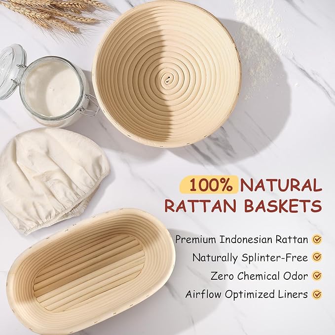 Sourdough Starter Kit, 9" Round & 10" Oval Banneton Proofing Bread Baskets Set, Sourdough Bread Baking Supplies for Beginner and Professional Bakers