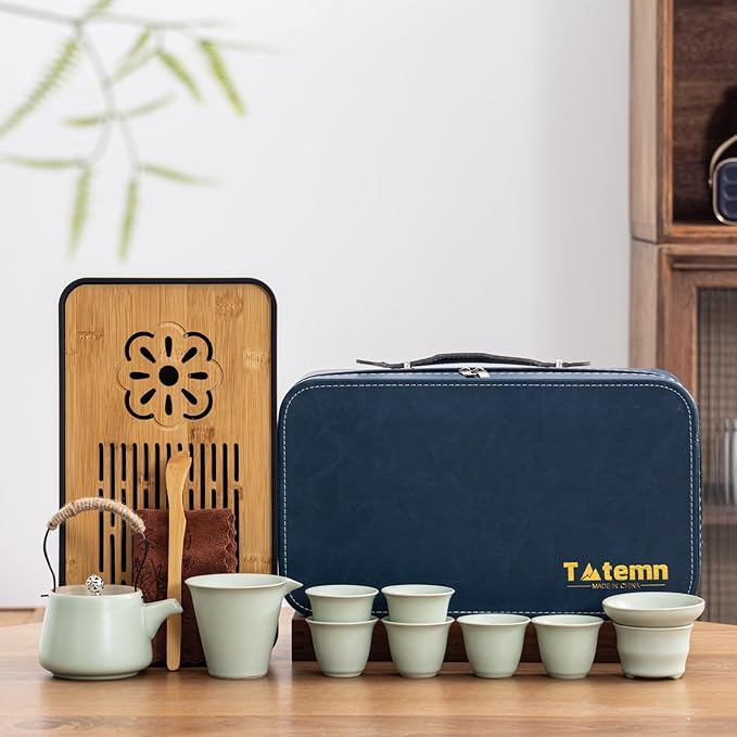 Travel tea set,Portable ceramic tea set,Chinese tea set,Tea sets for adults,Tea pot sets,Portable Travel Bag,Home,Gifting,Outdoor and Office,茶具 (Light green)