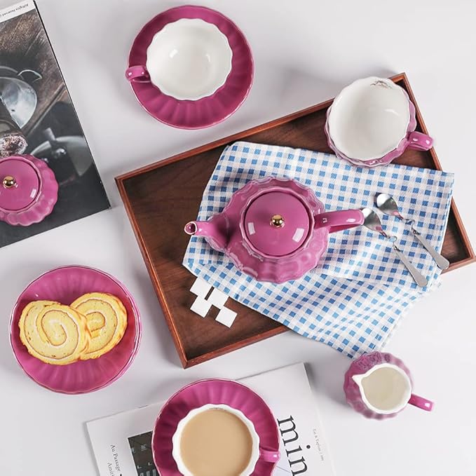 Porcelain Tea Sets British Royal Series, 8 OZ Cups& Saucer Service for 6, with Teapot Sugar Bowl Cream Pitcher Teaspoons and Tea Strainer, Suitable for High Tea, Wedding, Party (Violet)