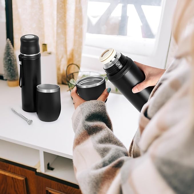 Dandat 2-Piece Yerba Mate Cup and Vacuum Bottle Kit - 12 oz Yerba Mate Gourd Cup with Bombilla Set and 34 oz Insulated Water Bottle - Black
