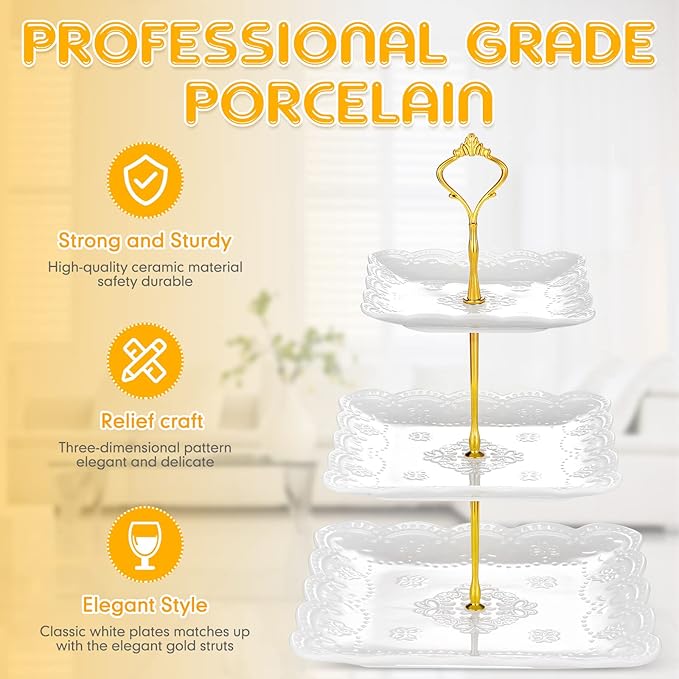 Tatuo 2 Pcs 3 Tier Porcelain Cupcake Stand, Cup Cake Holder Tower, Pastry Serving Elegant Dessert White Ceramic Tiered Stand for Wedding, Birthday, Tea Party(Lace Square Shape)