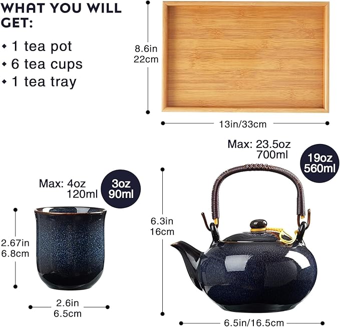 DUJUST Japanese Tea Set for 6, Kiln Altered Glaze Porcelain Tea Set with 1 Teapot, 6 Tea Cups & 1 Tea Tray, Unique Chinese Tea Sets for Adults/Tea Lovers/Women/Men, Dark Blue