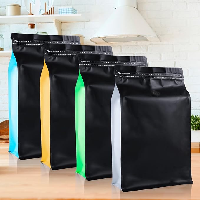 New 2.5 KG Large Capacity Coffee Bags with Valve (50 PCS) Black Sides White High Barrier Aluminum Foil Flat Bottom Standing Coffee Beans Storage Packaging Bags, Reusable Heat Seal Side Zipper Pouches