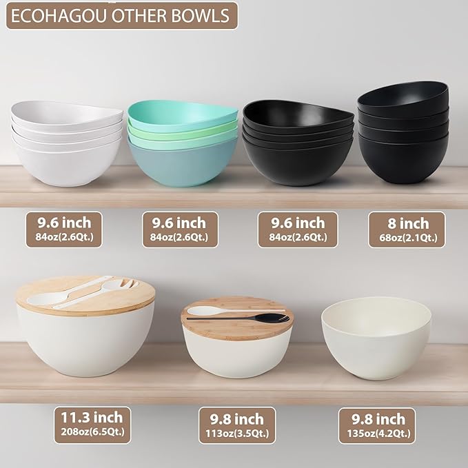9.6'' Serving Bowls, 84oz Bamboo Fiber Salad Set of 4, Large for Kitchen, Deep Oval for Salad, Vegetable, Fruit, Pasta, Ramen, Lightweight & Easy to Clean (Matte Black)