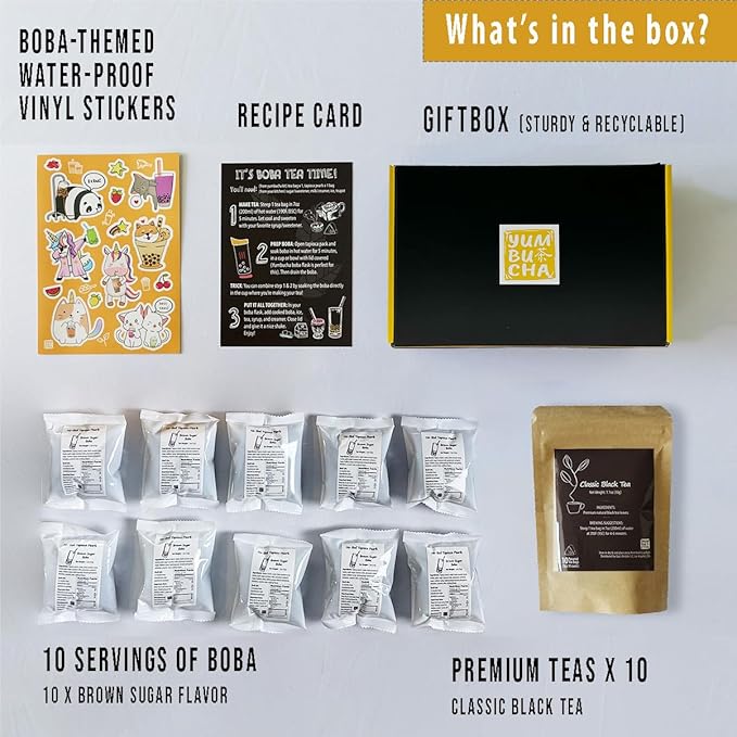 YUMBUCHA Boba Kit Set - DIY Boba Tea Making Kit with Classic Black Tea & Tapioca Pearls - Create 10 Delightful Drinks - Exquisite Loose Leaf Teabags Included - Boba Tea Gift Set for Tea Lovers