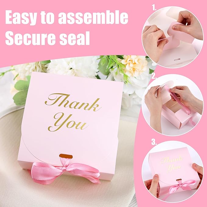 VGOODALL 20PCS Thank You Gift Boxes, 4.5x4.5x1.9Inches Mini Party Favor Boxes Pink Treat Bags with Bow Ribbon for Wedding Bridal Baby Shower Birthday Party