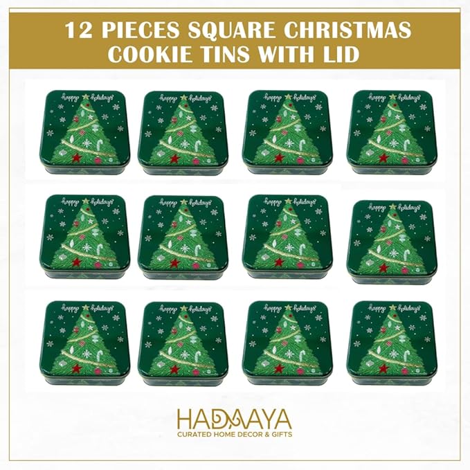 Metal Christmas Cookie Tins with Lids, 12 Pack Green Square Holiday Storage Containers, Durable & Stylish Storage Solution For Gift Giving, Cake, Candy & More
