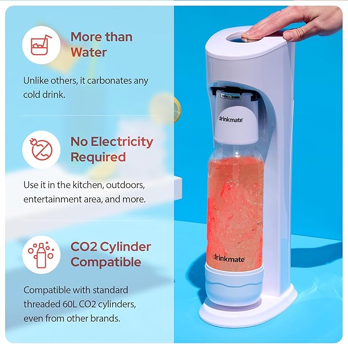 Drinkmate OmniFizz Sparkling Beverage Maker CO2 Bundle - Sparkling Water/Soda Streaming Machine That Carbonates Any Drink - Includes 4 CO2 Cylinders,1 Carbonation Bottle,1 Fizz Infuser - Classic White