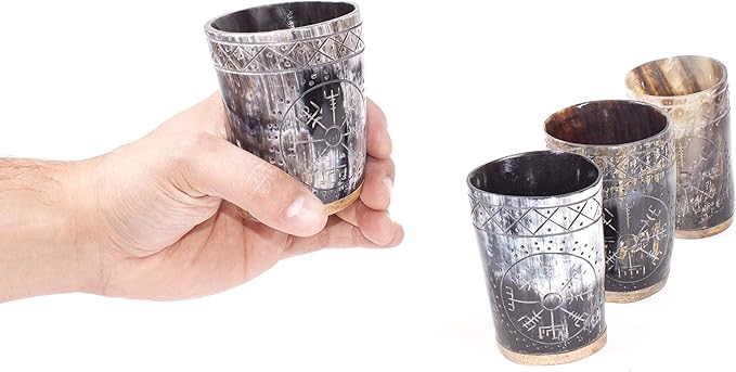 Ox Horn Shot Glass Set of 4 – Handcrafted Viking Cups with Unique Engraved Design – Cool Norse Horn Shot Glasses for Ancient Age Whiskey, Mead & Spirits – Rustic Gift for Men, Barware Collection