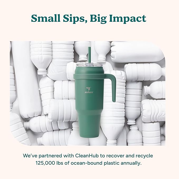 REDUCE Reusable 50 oz Cold1 Water Tumbler – Ergonomic Handle – Double-Wall Insulation – Sturdy Desktop/Tabletop Mug with Lid and Straw – BPA-Free – Stainless Steel for Gym, Home, Office – Casa Blanca