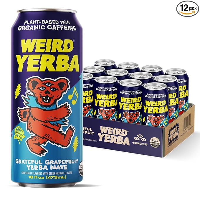 Drink Weird Organic Grateful Grapefruit Yerba Mate – 16oz Cans, 160mg Organic Caffeine, Pack of 12 – Grateful Dead Collab, Healthy Energy Drink Alternative