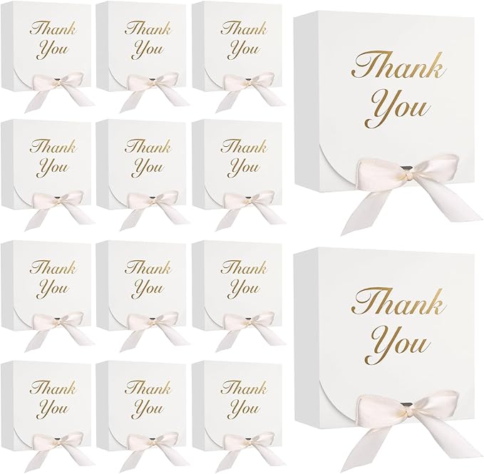 VGOODALL 20PCS Thank You Gift Boxes, 4.5x4.5x1.9Inches Mini Party Favor Boxes White Treat Bags with Bow Ribbon for Wedding Bridal Baby Shower Birthday Party