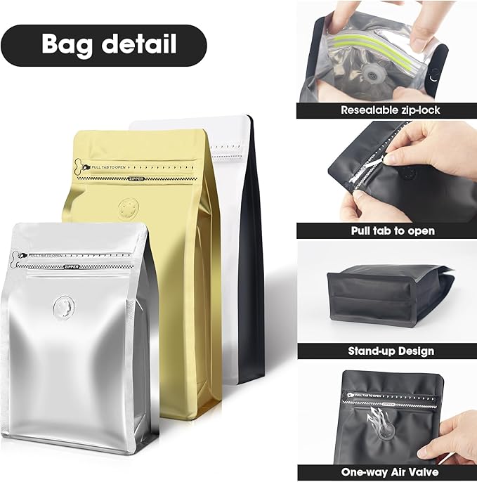 Coffee Bags with Valve(60pcs,8 oz,1/2 lb) Vented Coffee Beans Packaging Bags High Barrier Aluminumed Foil Flat Bottom Heat Sealed Side Zipper Resealable Storage Bag for Home or Business（White+Blue）