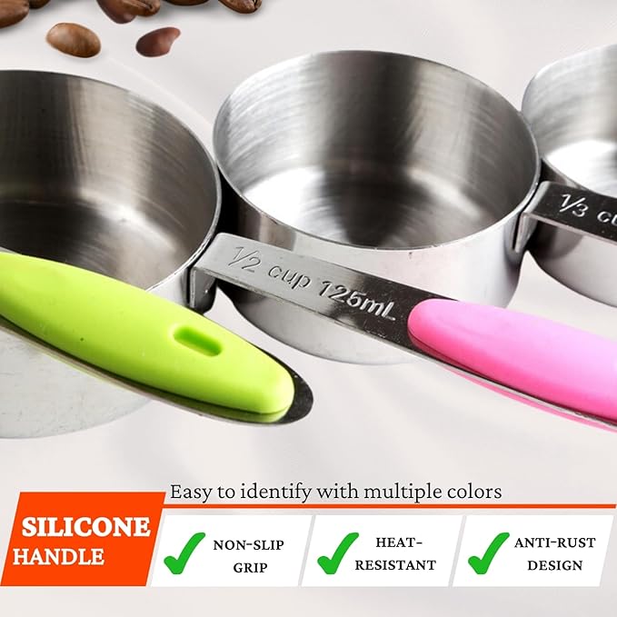Stainless Steel Measuring Cups and Spoons Set of 19, 5 Measuring Cups with Colored Silicone Handles, 9 Nesting Spoons, 5 Mini Spoons, Kitchen Gadgets for Cooking & Baking, Dry and Liquid Ingredients