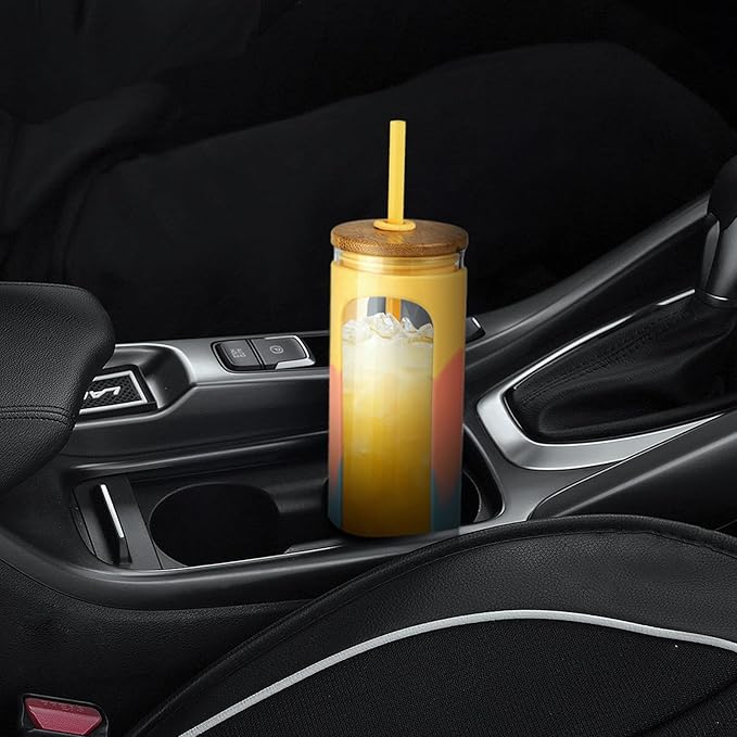 Kodrine 20oz Glass Tumbler with Straw and Lid, Iced Coffee Cups with Bamboo Lids, Glass Cups for Cold Drinks, Smoothie Cup with Silicone Sleeve for Travel, Work, BPA FREE-Blue Yellow