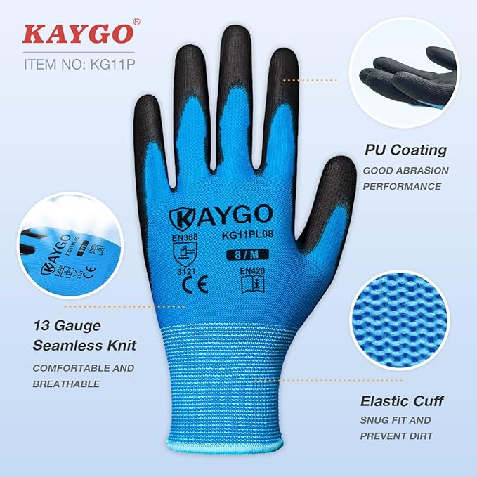 KAYGO Safety Work Gloves PU Coated-12 Pairs, KG11PB, Seamless Knit Glove with Polyurethane Coated Smooth Grip on Palm & Fingers, for Men and Women, Ideal for General Duty Work (XX-Large,Blue)
