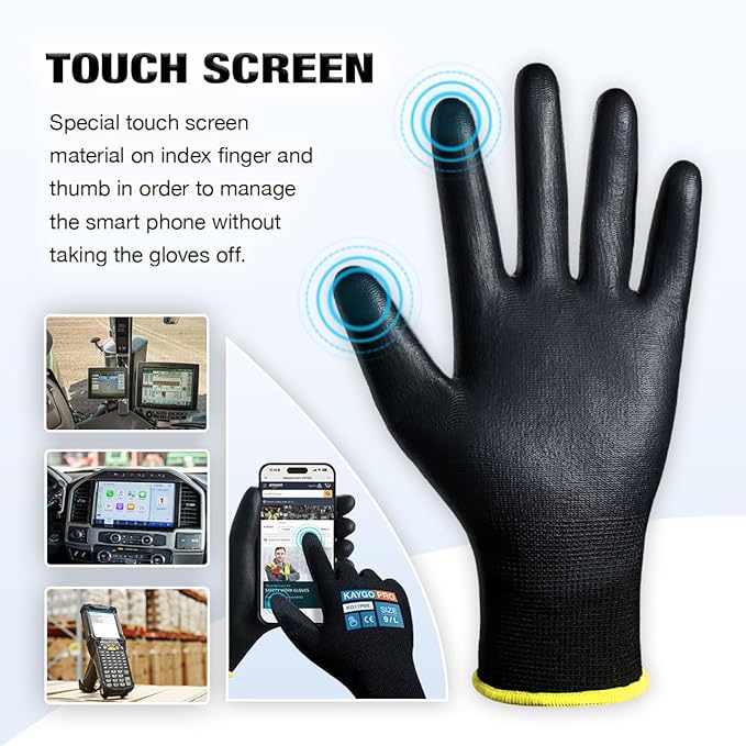 KAYGO Safety Work Gloves PU Coated for Men and Women, 12 Pairs KG11PB, Seamless Knit Glove with Two Fingers Touchscreen, breathable and lightweight Ideal for General Duty Work (2XL,Black)