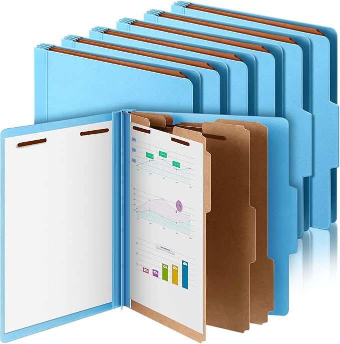 12 Pcs Classification Folders Letter Size, Back to School Supply for Teacher, Student, 3 Dividers Pressboard File Folder Bulk with 2 Fasteners, 3.5 Inch Expanding File Organizer (Blue)