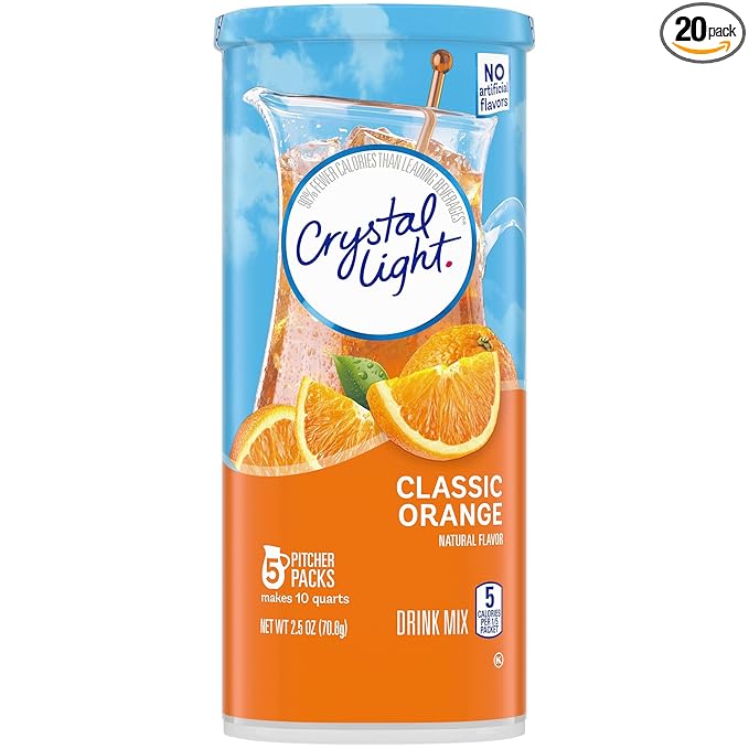 Crystal Light Classic Orange with Vitamin C & Calcium Drink Mix (20 Pitcher Packets, 4 Canisters of 5)