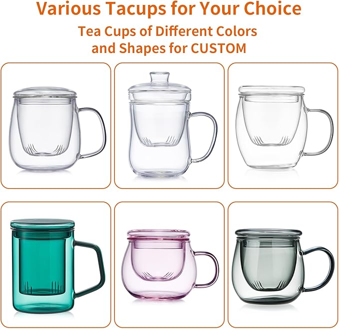 OEM Custom Personalized Gifts Glass Tea Cup with Infuser and Lid,Customized Large Borosilicate Teacup, Clear Mug for Loose Leaf Blooming Tea Maker Gift for Friend, Family