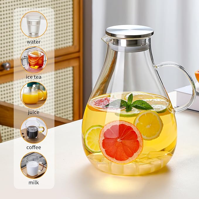 UNBREAKABLE - 1 Gallon Glass Pitcher – 3800ml Heat-Resistant Borosilicate Water Jug with Stainless Steel Lid, Easy to Clean, Handmade Carafe for Hot & Cold Drinks – Modern Style for Home or Office