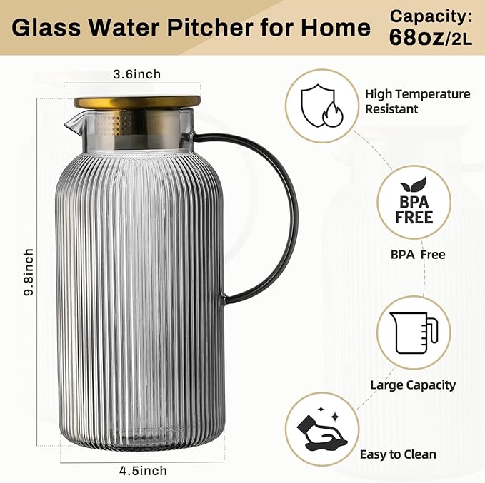 2 PACK Glass Pitcher with Lid, 68 oz/ 2 Liter Gray Classic Vertical Stripes Water Pitcher,Glass Water Carafe for Cold Brew, Coffee, Lemonade, Iced Tea,Beverage, Heat Resistant Water Glass Jug