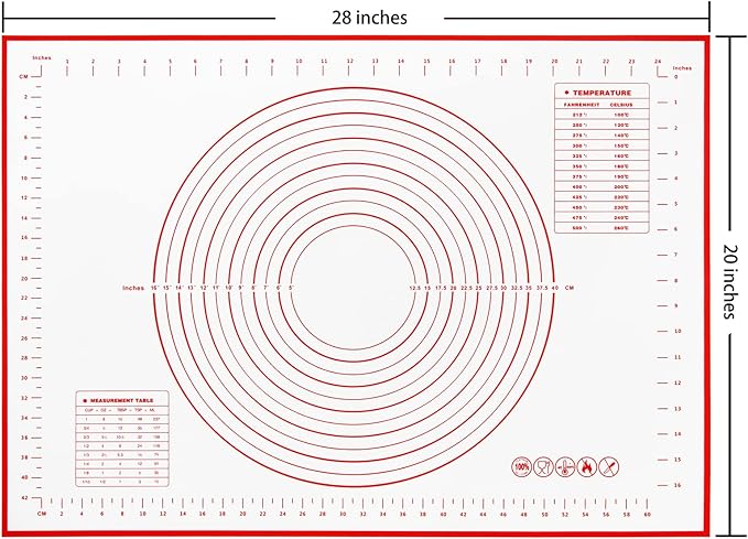 Yansumi Silicone Pastry Mat Extra Large Non-Slip Mat for Rolling Dough Pie Crust and Baking Non-Stick with Measurements(XL,28"L x 20"W, Red)
