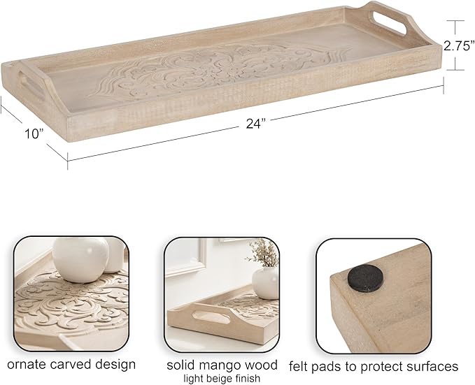 Kate and Laurel Adhira Carved Decorative Rectangle Tray, 24 x 10, Natural Wood, Traditional Display Tray with Handles and Hand Carved Wooden Pattern