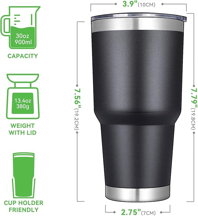DOMICARE 30 oz Tumbler with Lid and Straw, Stainless Steel Tumblers Bulk, Insulated Vacuum Double Wall Travel Coffee Mug, Durable Powder Coated Tumbler Cups (Black, 12)