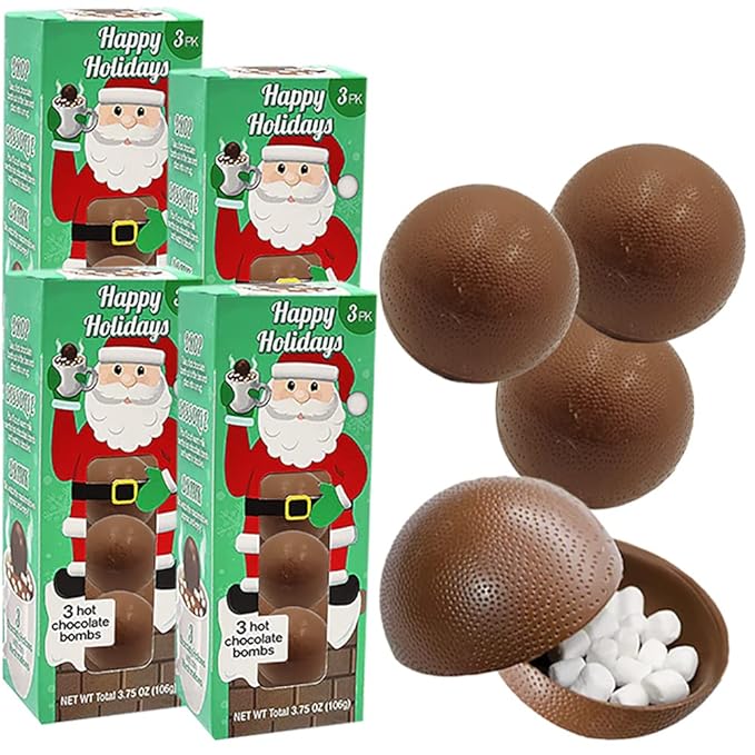 Fruidles Christmas Hot Chocolate Bombs, Drop, Dissolve, Drink Chocolaty Hallow Filled with Mini Marshmallows Birthday, Cocoa Bombs (Pack of 4), (12 Count)