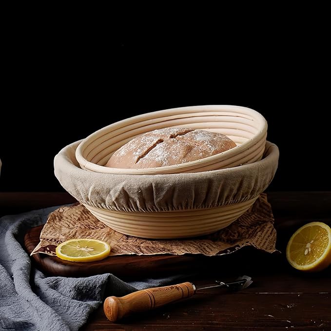 Sourdough Bread Baking Supplies, Bakery Premium Round Banneton Basket 2 Pack with Liner - Perfect Brotform Proofing Basket for Making Beautiful Bread