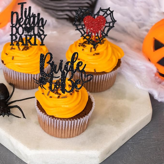 Halloween Bachelorette Cupcake Topper Bride To Be Ring Skeleton Hand Heart Blood Glitter Food Picks Horror Ghost Engagement Party Decoration Red