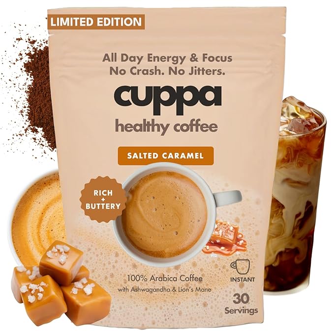 Cuppa Salted Caramel Healthy Mushroom Instant Coffee with Lion's Mane & Ashwagandha for All Day Energy & Focus - No Crash or Jitters - Nootropics for Brain Health, Gut Health, Immunity, Stress, Memory + Mood - 60 Servings